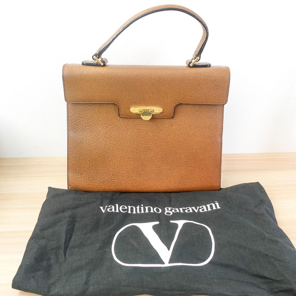 Vintage Valentino Garavani Bag Tan Brown Leather Satchel Top‎ Handle Camel Logo